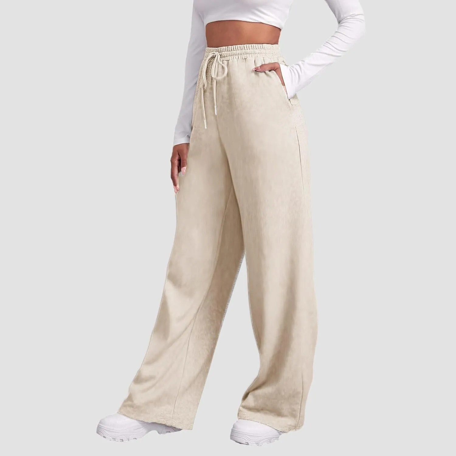 Women's Fleece Lined Sweatpants Baggy Wide Straight Leg Pants High Waist Joggers Drawstring Sweat Pants with Pockets
