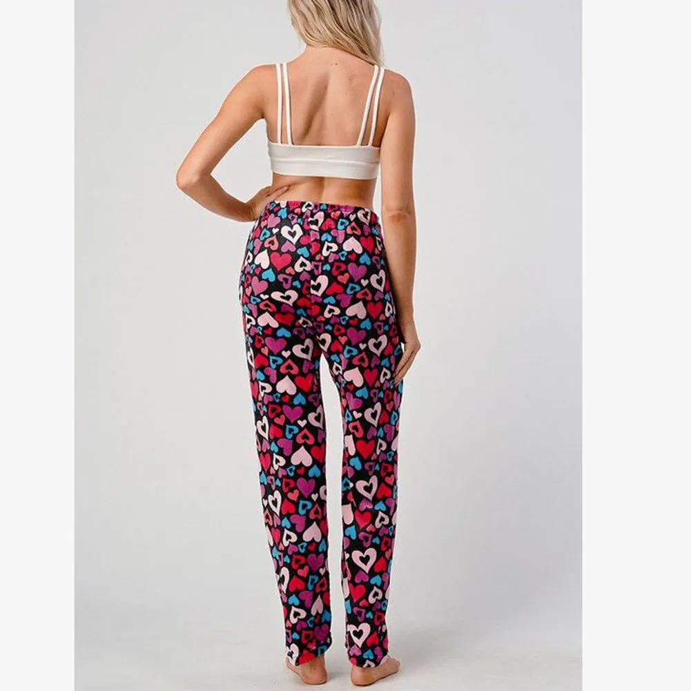 Womens Fleece Pajamas Pants Printed Warm Plush Brushed Soft Sleepwear Bottoms