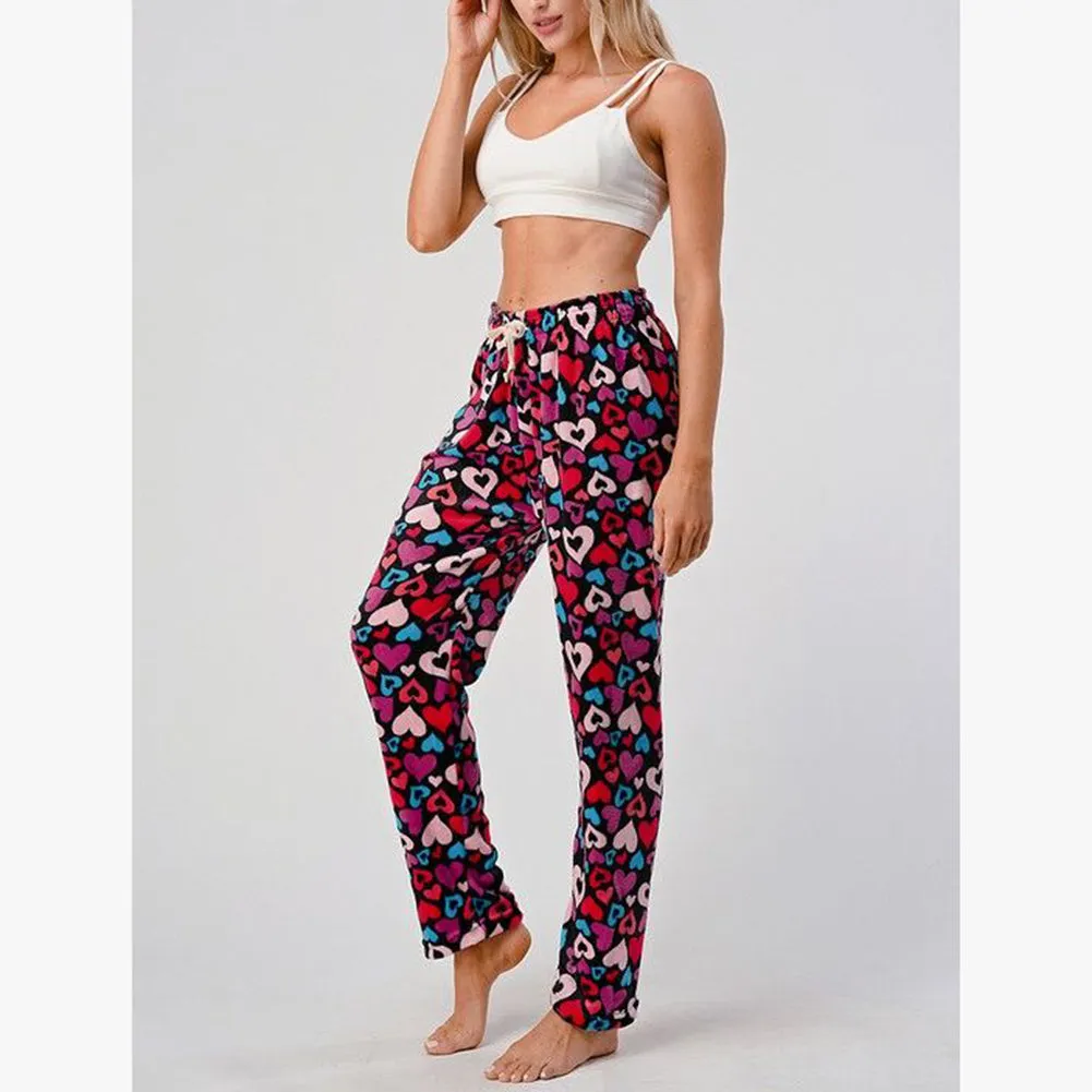 Womens Fleece Pajamas Pants Printed Warm Plush Brushed Soft Sleepwear Bottoms