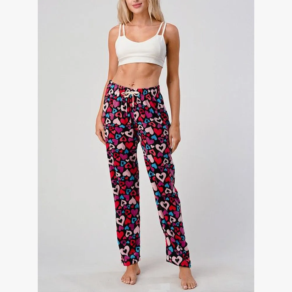 Womens Fleece Pajamas Pants Printed Warm Plush Brushed Soft Sleepwear Bottoms