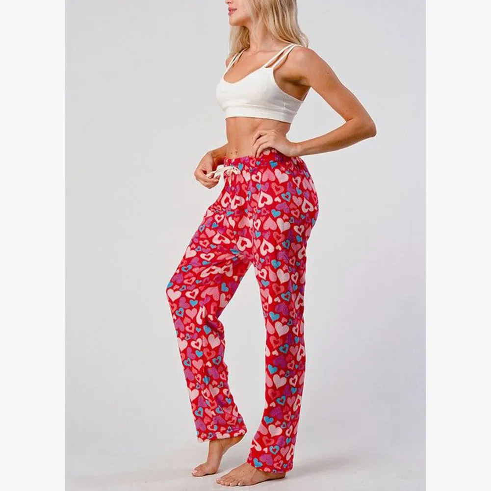 Womens Fleece Pajamas Pants Printed Warm Plush Brushed Soft Sleepwear Bottoms