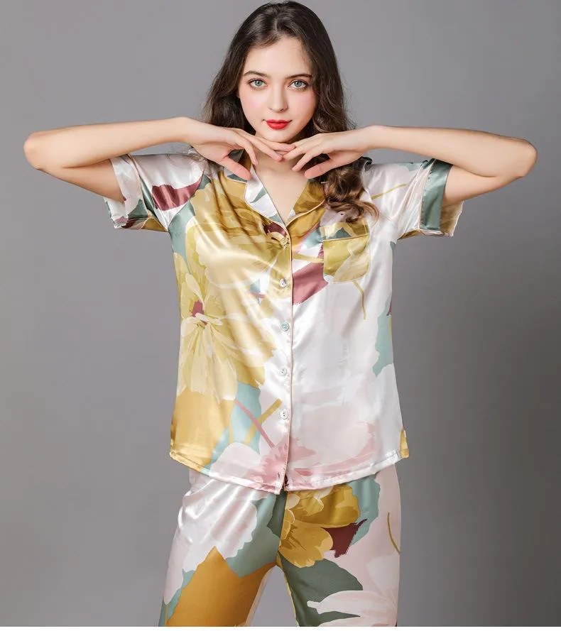 Women's Floral Long Satin Pajamas Set