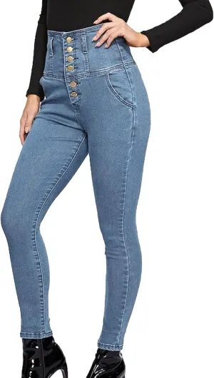 Women's High Breasted Stretch Slim Jeans High Waisted Button Up Classic Jeans Curvy Butt Lifting Skinny Denim