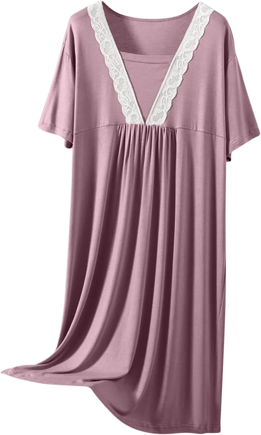 Women's Lace Trim Nightgown Soft Modal Summer V Neck Sleep Dress Short Sleeve Loose Comfy Pajamas Sleepwear