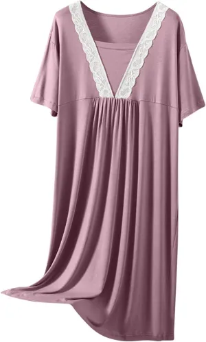 Women's Lace Trim Nightgown Soft Modal Summer V Neck Sleep Dress Short Sleeve Loose Comfy Pajamas Sleepwear