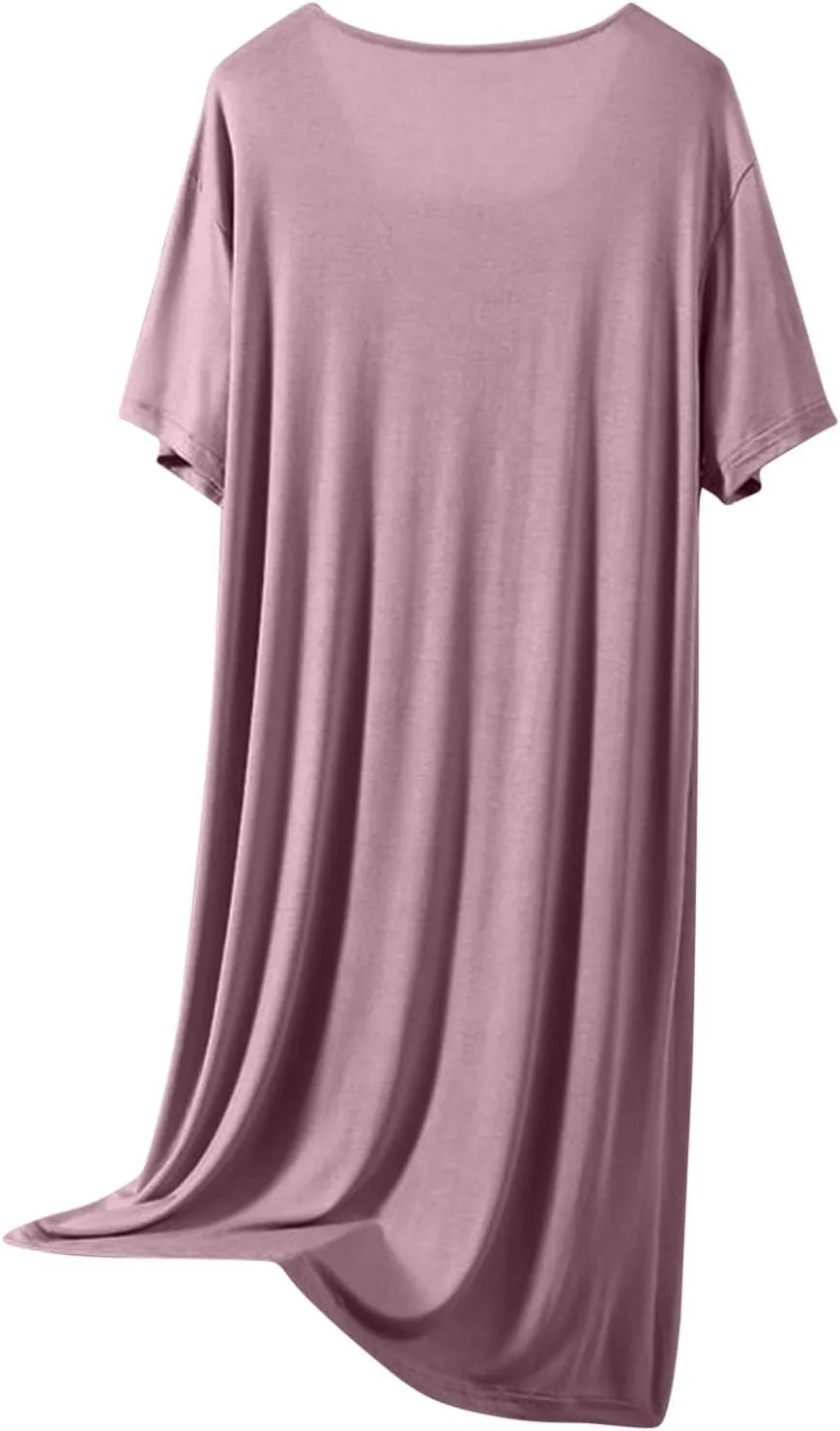 Women's Lace Trim Nightgown Soft Modal Summer V Neck Sleep Dress Short Sleeve Loose Comfy Pajamas Sleepwear