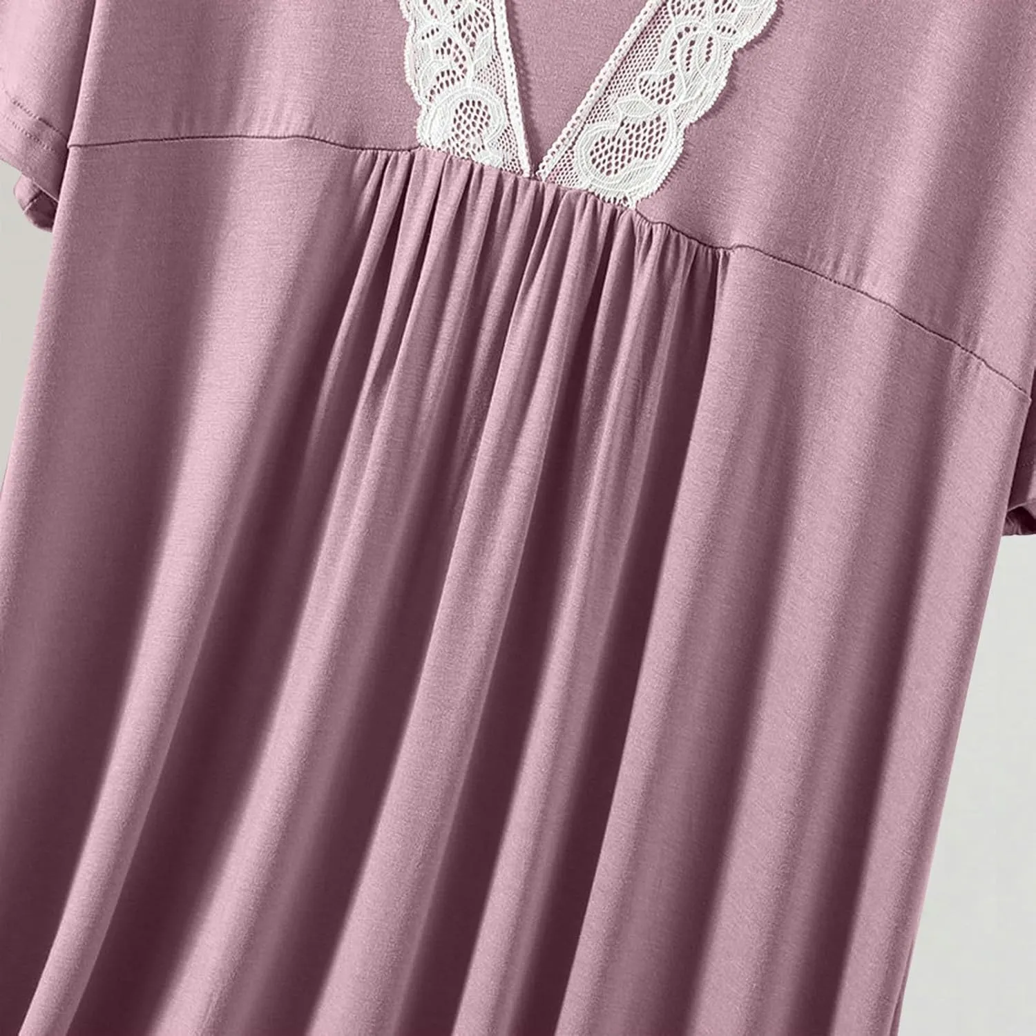 Women's Lace Trim Nightgown Soft Modal Summer V Neck Sleep Dress Short Sleeve Loose Comfy Pajamas Sleepwear