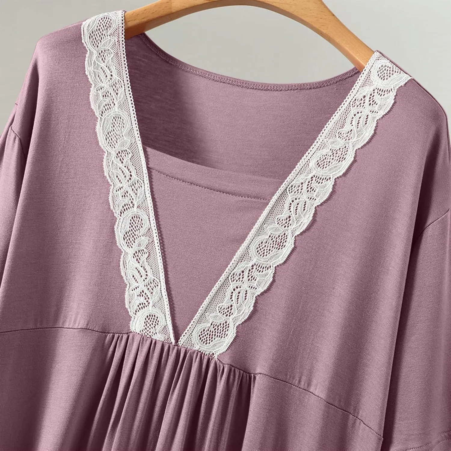 Women's Lace Trim Nightgown Soft Modal Summer V Neck Sleep Dress Short Sleeve Loose Comfy Pajamas Sleepwear