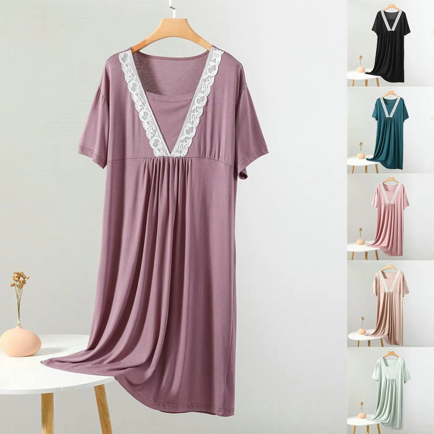 Women's Lace Trim Nightgown Soft Modal Summer V Neck Sleep Dress Short Sleeve Loose Comfy Pajamas Sleepwear