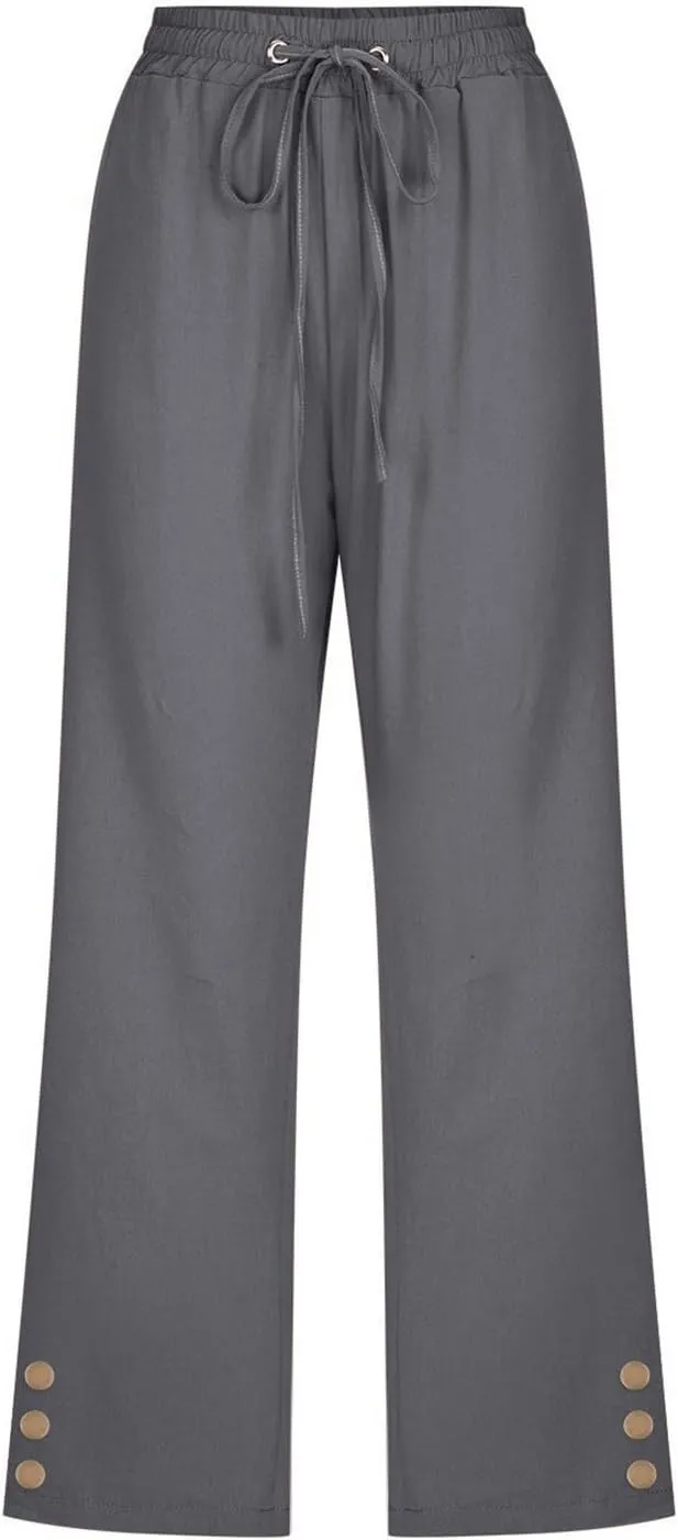 Womens Linen Boho Capris Pants Fashion Drawstring Elastic Trousers Comfy Straight Leg Long Womens Capris for Summer