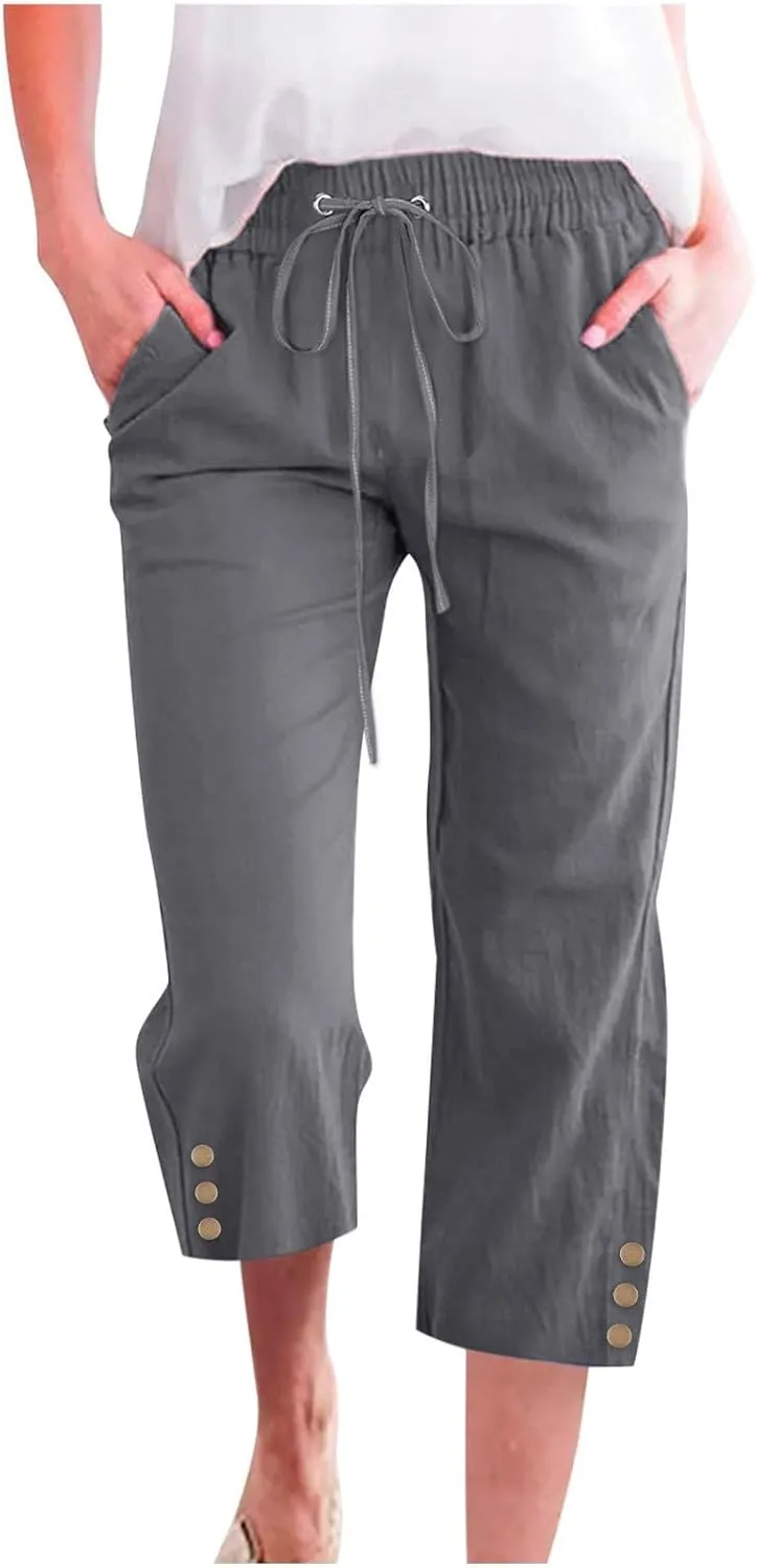 Womens Linen Boho Capris Pants Fashion Drawstring Elastic Trousers Comfy Straight Leg Long Womens Capris for Summer