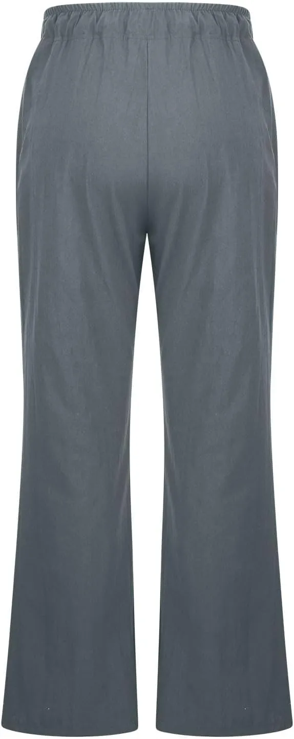 Women's Linen Palazzo Pants Drawstring Summer High Waisted Trousers Casual Loose Wide Leg Dress Pants with Pockets