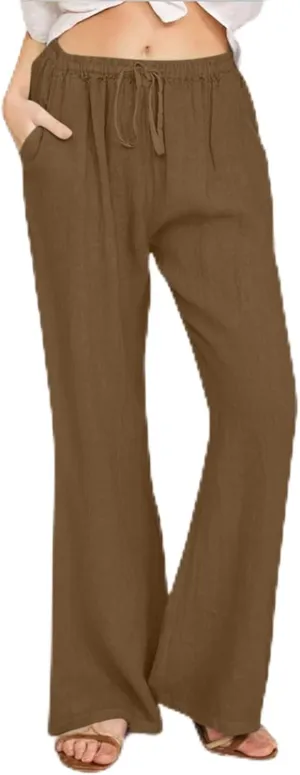 Women's Linen Palazzo Pants Drawstring Summer High Waisted Trousers Casual Loose Wide Leg Dress Pants with Pockets