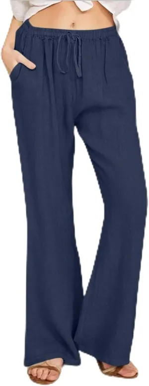 Women's Linen Palazzo Pants Drawstring Summer High Waisted Trousers Casual Loose Wide Leg Dress Pants with Pockets