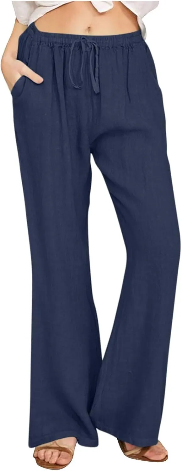 Women's Linen Palazzo Pants Drawstring Summer High Waisted Trousers Casual Loose Wide Leg Dress Pants with Pockets