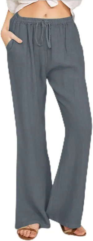 Women's Linen Palazzo Pants Drawstring Summer High Waisted Trousers Casual Loose Wide Leg Dress Pants with Pockets