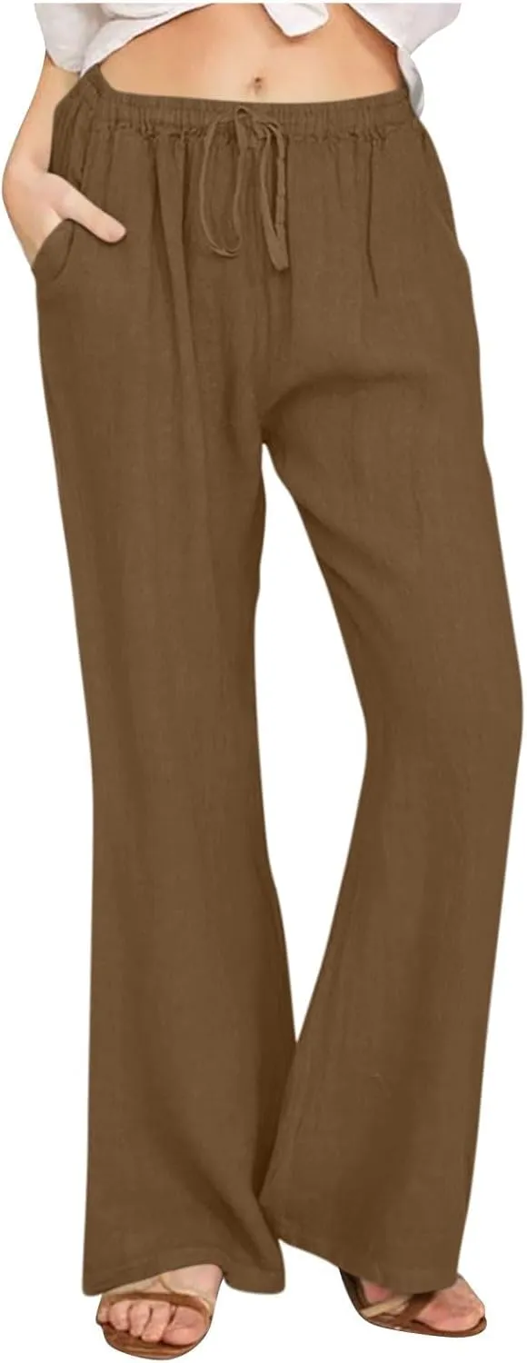 Women's Linen Palazzo Pants Drawstring Summer High Waisted Trousers Casual Loose Wide Leg Dress Pants with Pockets