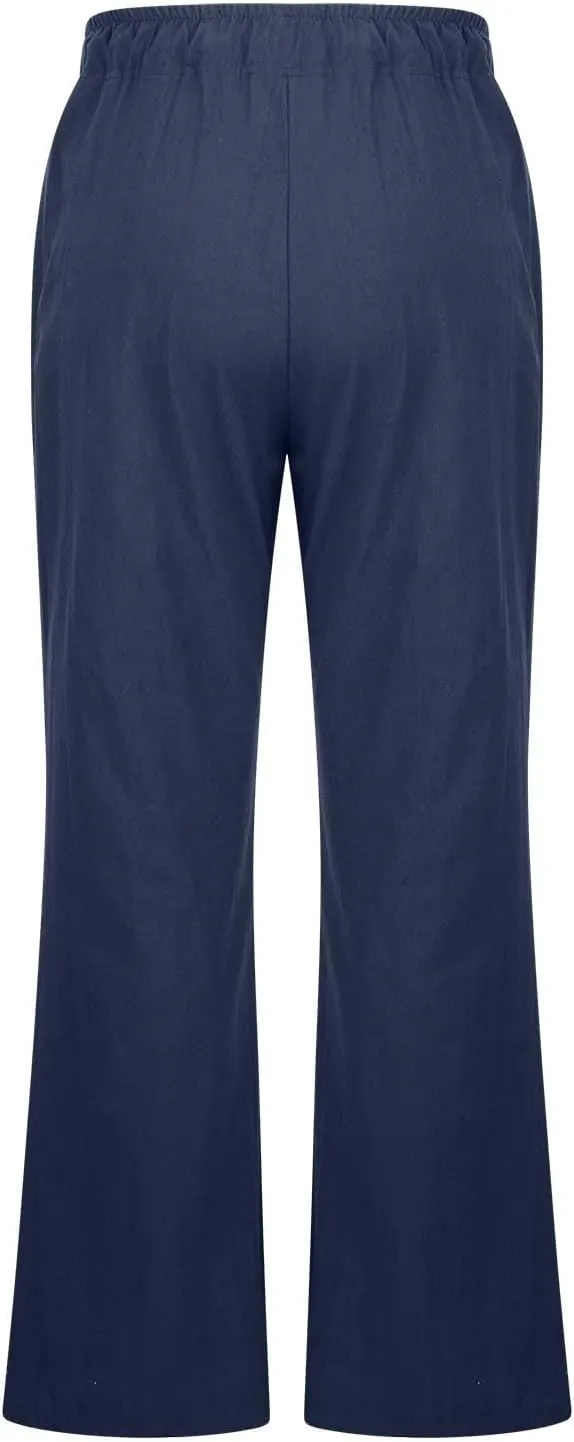 Women's Linen Palazzo Pants Drawstring Summer High Waisted Trousers Casual Loose Wide Leg Dress Pants with Pockets