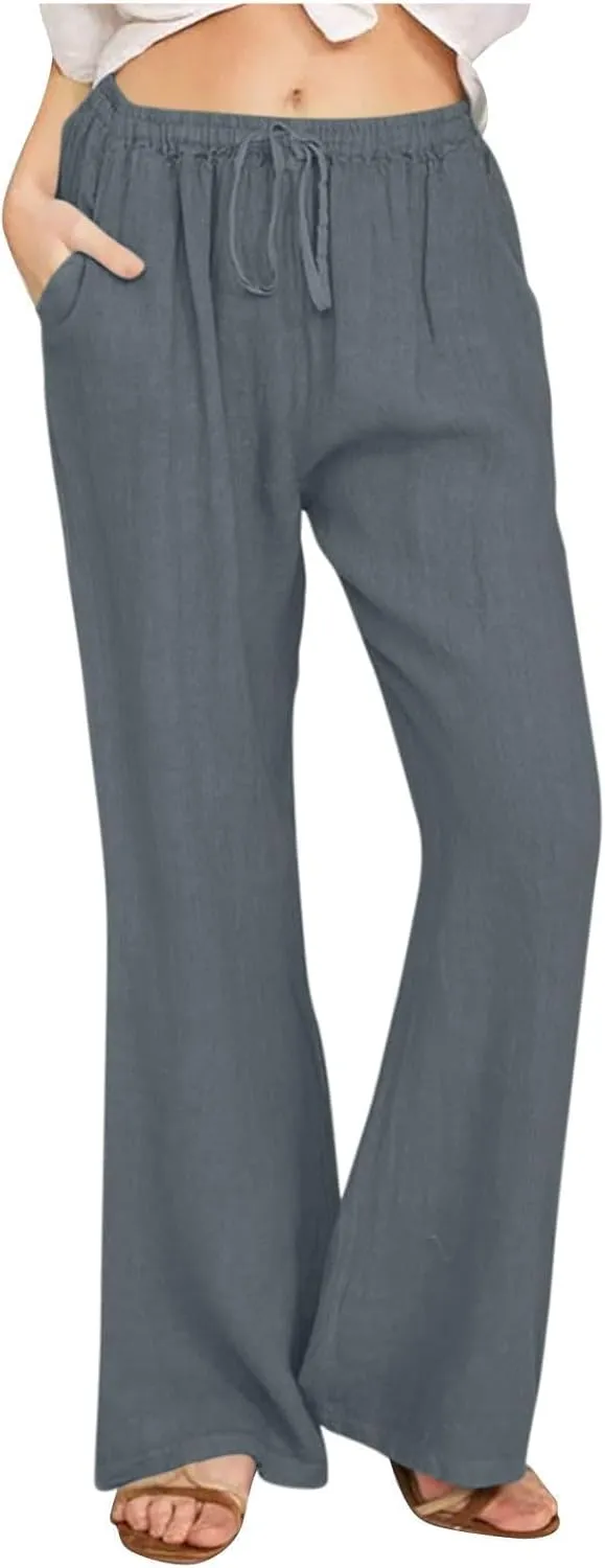 Women's Linen Palazzo Pants Drawstring Summer High Waisted Trousers Casual Loose Wide Leg Dress Pants with Pockets