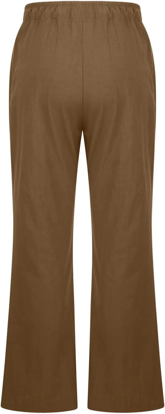 Women's Linen Palazzo Pants Drawstring Summer High Waisted Trousers Casual Loose Wide Leg Dress Pants with Pockets