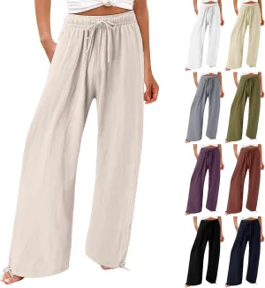 Womens Linen Pants Summer Casual Beach Pants High Waisted Wide Leg Pants Loose Yoga Pants Palazzo Pants with Pockets