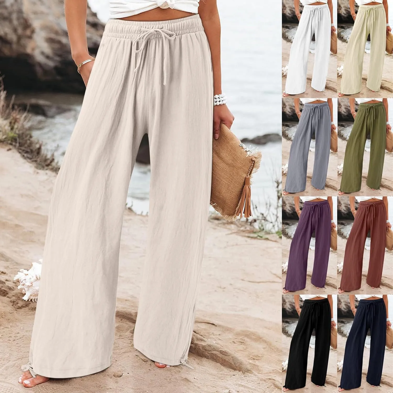Womens Linen Pants Summer Casual Beach Pants High Waisted Wide Leg Pants Loose Yoga Pants Palazzo Pants with Pockets