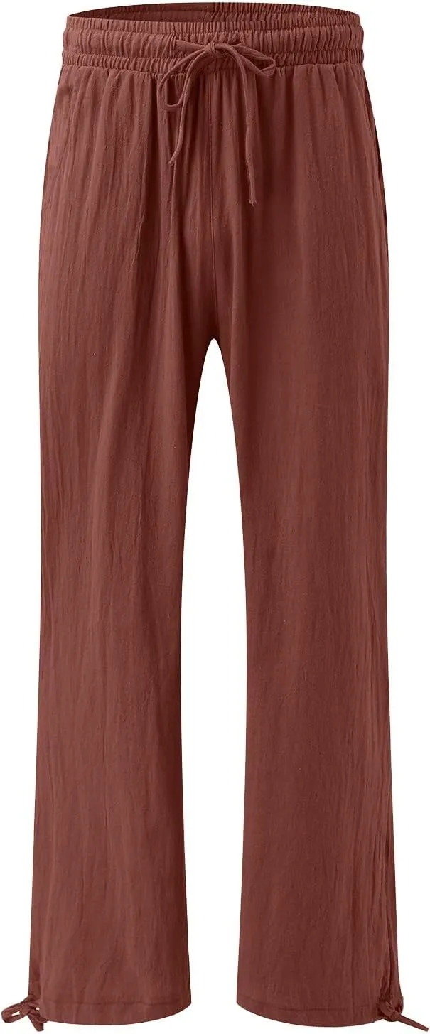Womens Linen Pants Summer Casual Beach Pants High Waisted Wide Leg Pants Loose Yoga Pants Palazzo Pants with Pockets