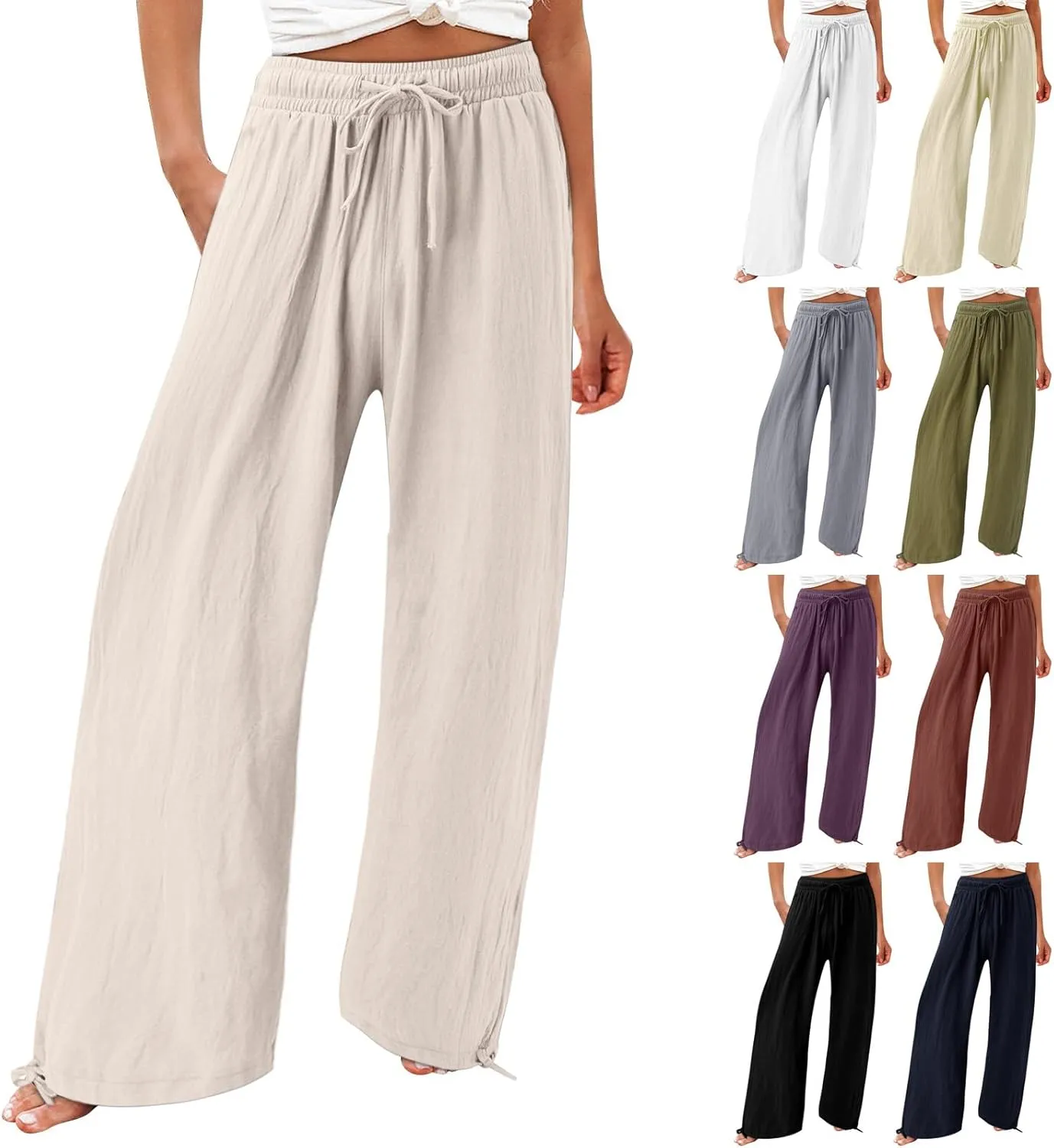 Womens Linen Pants Summer Casual Beach Pants High Waisted Wide Leg Pants Loose Yoga Pants Palazzo Pants with Pockets