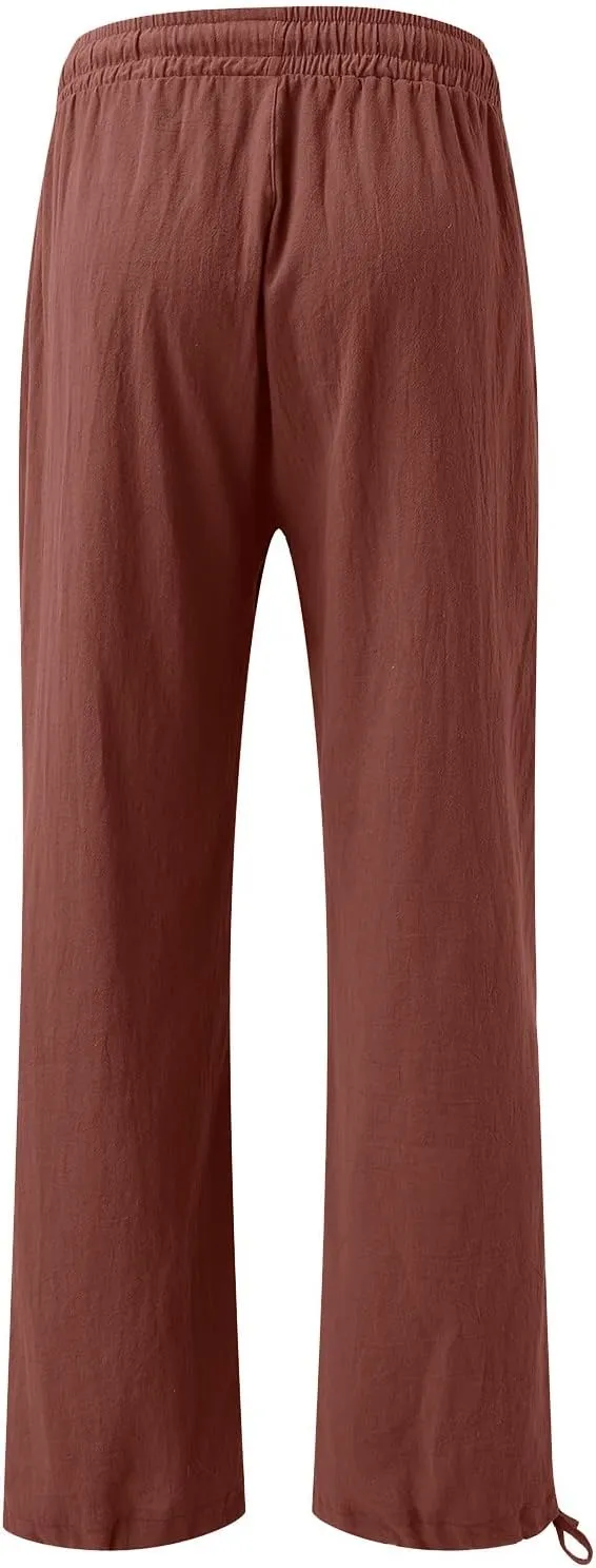 Womens Linen Pants Summer Casual Beach Pants High Waisted Wide Leg Pants Loose Yoga Pants Palazzo Pants with Pockets