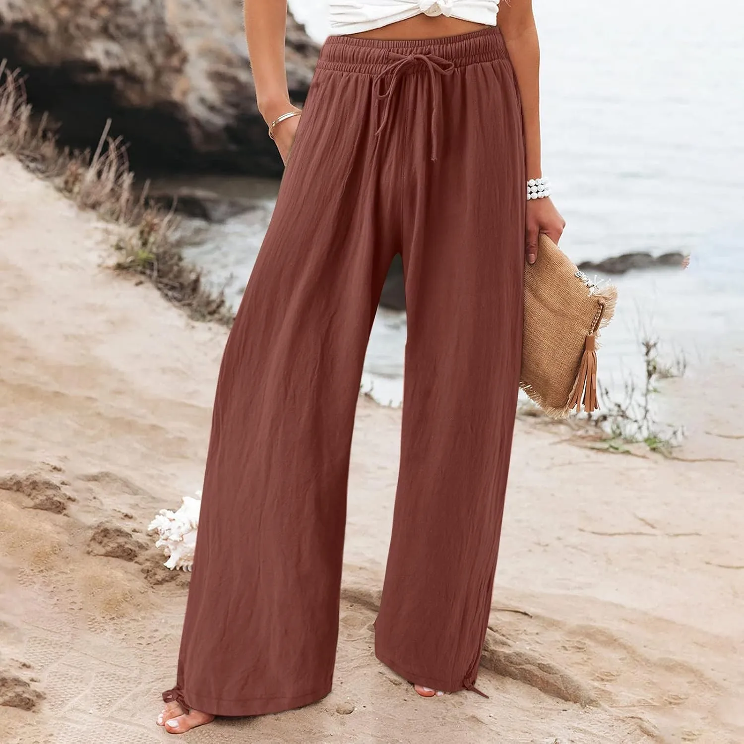 Womens Linen Pants Summer Casual Beach Pants High Waisted Wide Leg Pants Loose Yoga Pants Palazzo Pants with Pockets