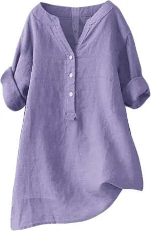 Women's Linen Shirts Summer Linen Floral Short Sleeve T Shirt Casual Loose Fit Henley V-Neck Tee Shirt
