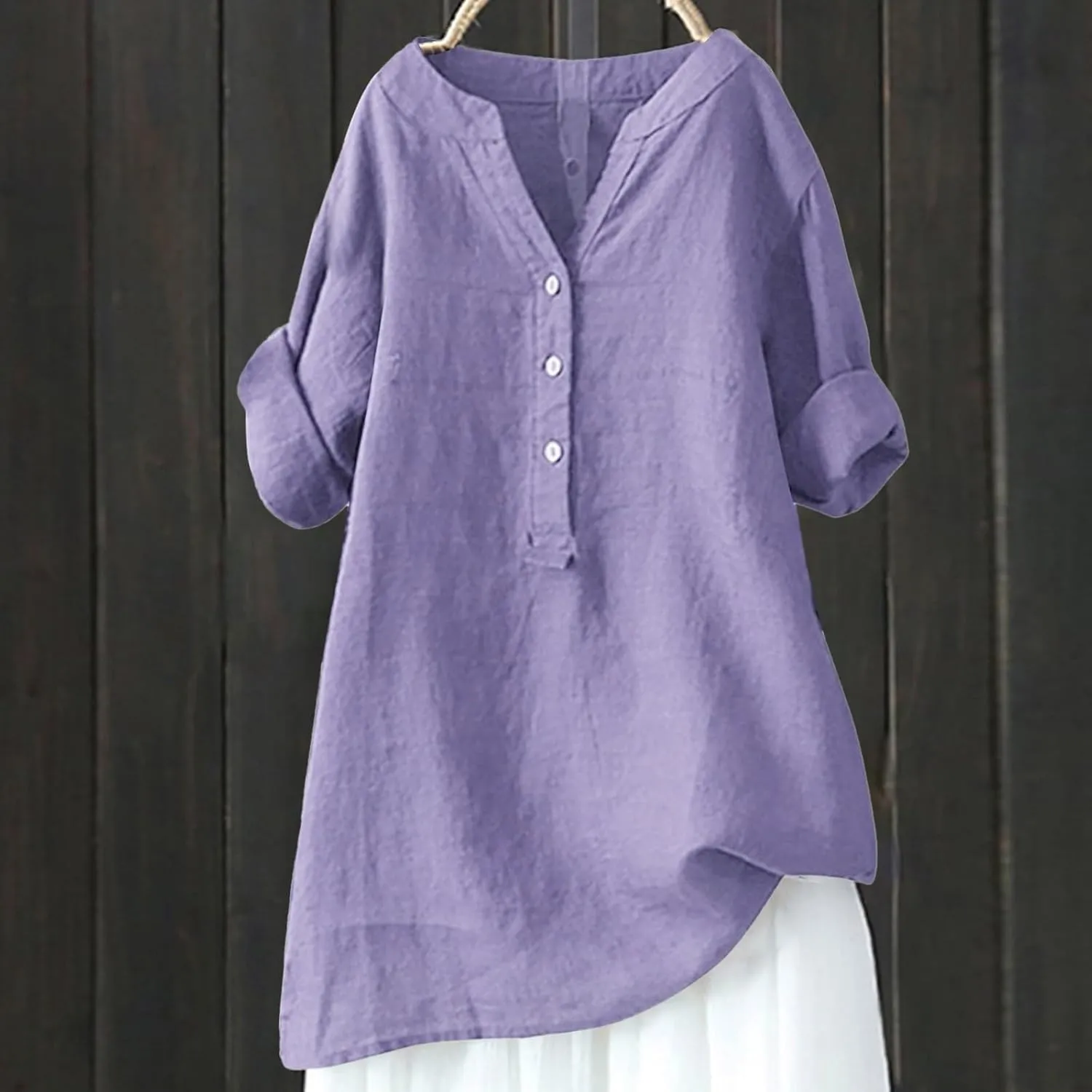 Women's Linen Shirts Summer Linen Floral Short Sleeve T Shirt Casual Loose Fit Henley V-Neck Tee Shirt