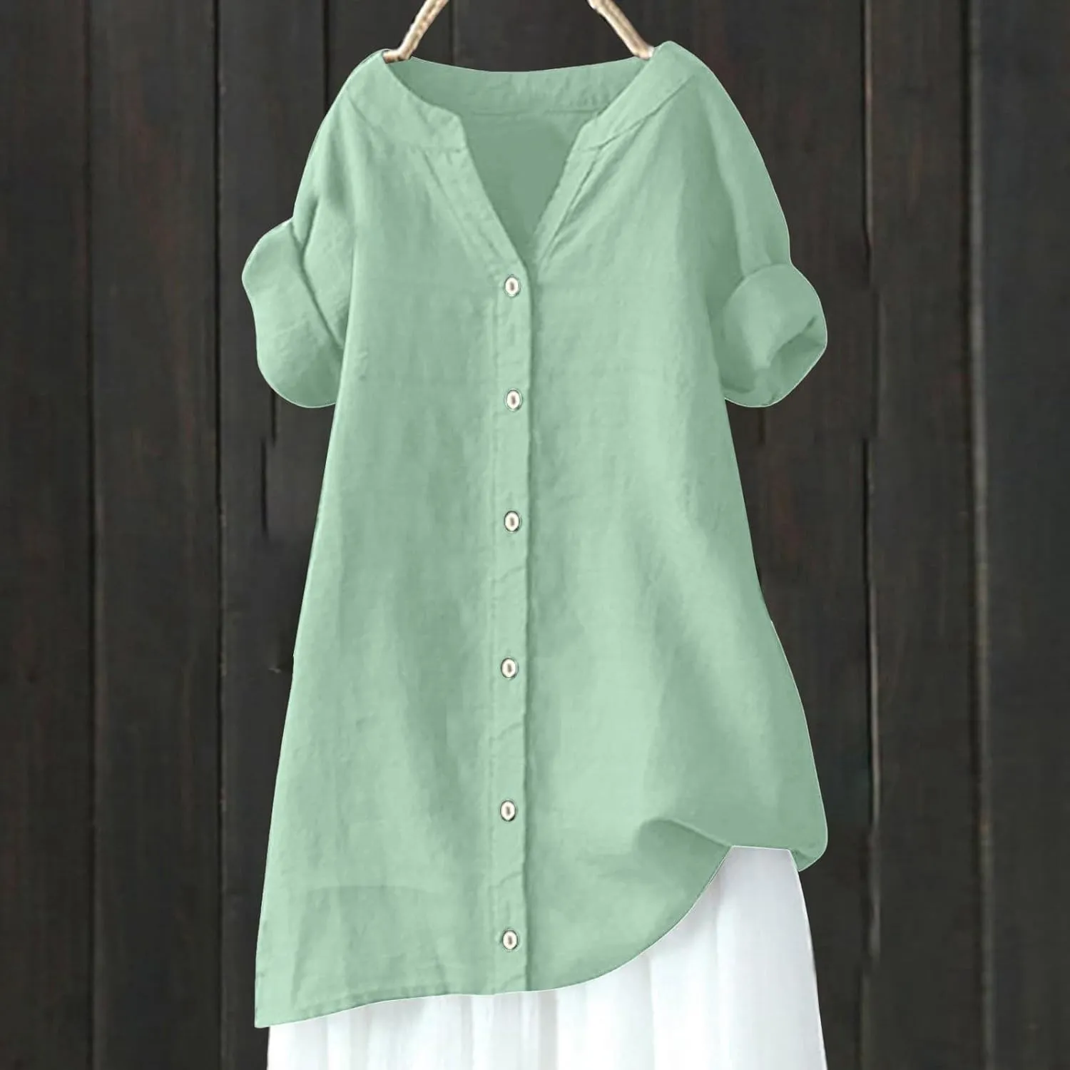 Women's Linen Shirts Summer Linen Plain Solid Long Sleeve T Shirt Casual Plus Size Henley V Neck Blouses Top