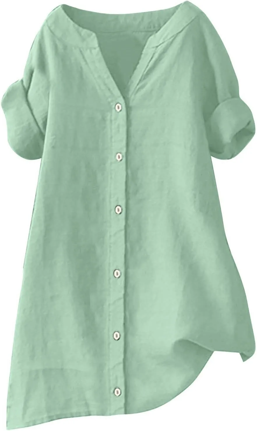 Women's Linen Shirts Summer Linen Plain Solid Long Sleeve T Shirt Casual Plus Size Henley V Neck Blouses Top