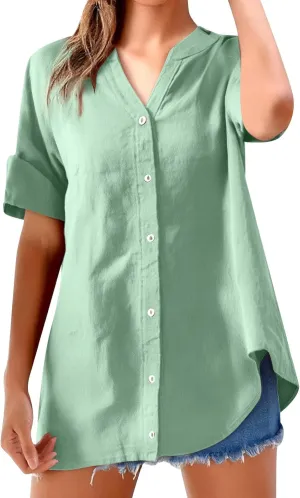 Women's Linen Shirts Summer Linen Plain Solid Long Sleeve T Shirt Casual Plus Size Henley V Neck Blouses Top