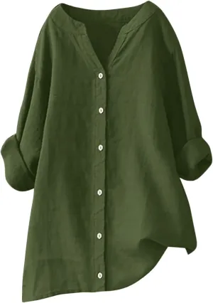 Womens Linen Shirts V Neck Button Up Blouse Embroidery Floral Comfy Tee Shirt Short Sleeve Loose Fit Shirts