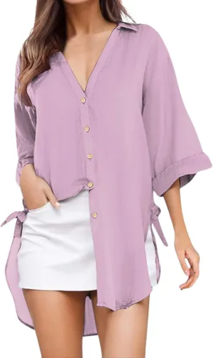 Womens Linen Shirts V Neck Button Up Blouse Embroidery Floral Comfy Tee Shirt Short Sleeve Loose Fit Shirts