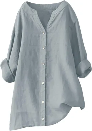 Womens Linen Shirts V Neck Button Up Blouse Embroidery Floral Comfy Tee Shirt Short Sleeve Loose Fit Shirts