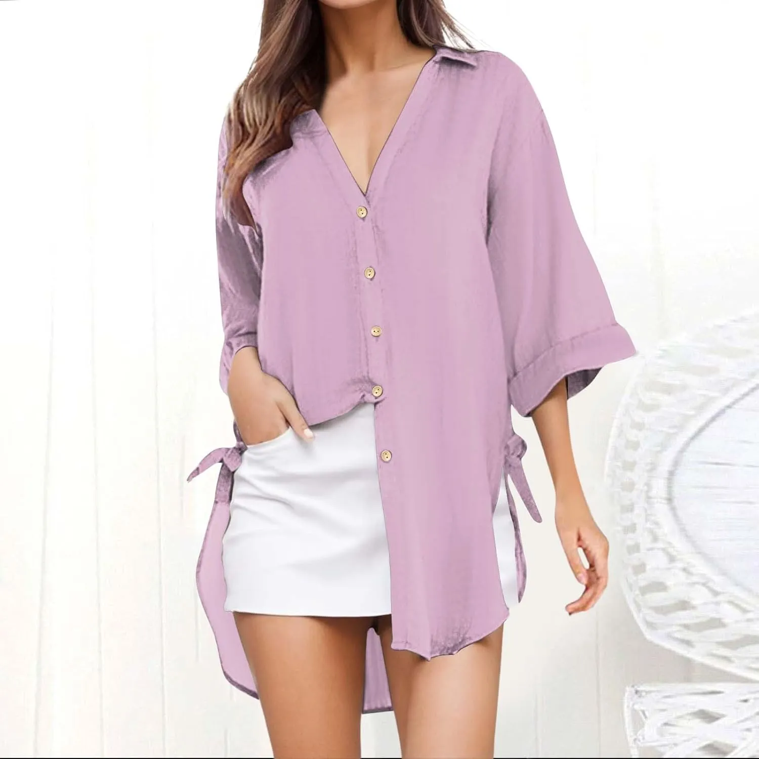 Womens Linen Shirts V Neck Button Up Blouse Embroidery Floral Comfy Tee Shirt Short Sleeve Loose Fit Shirts