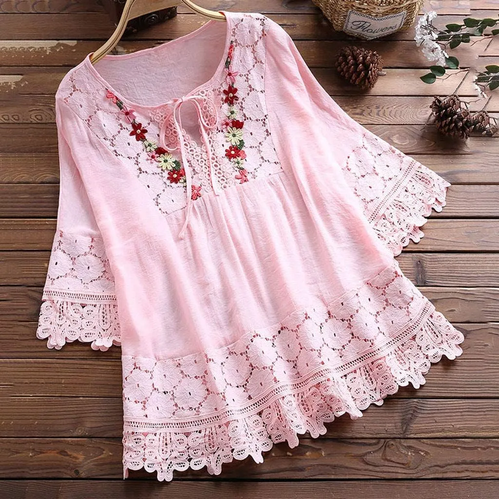 Womens Linen Shirts V Neck Button Up Blouse Embroidery Floral Comfy Tee Shirt Short Sleeve Loose Fit Shirts
