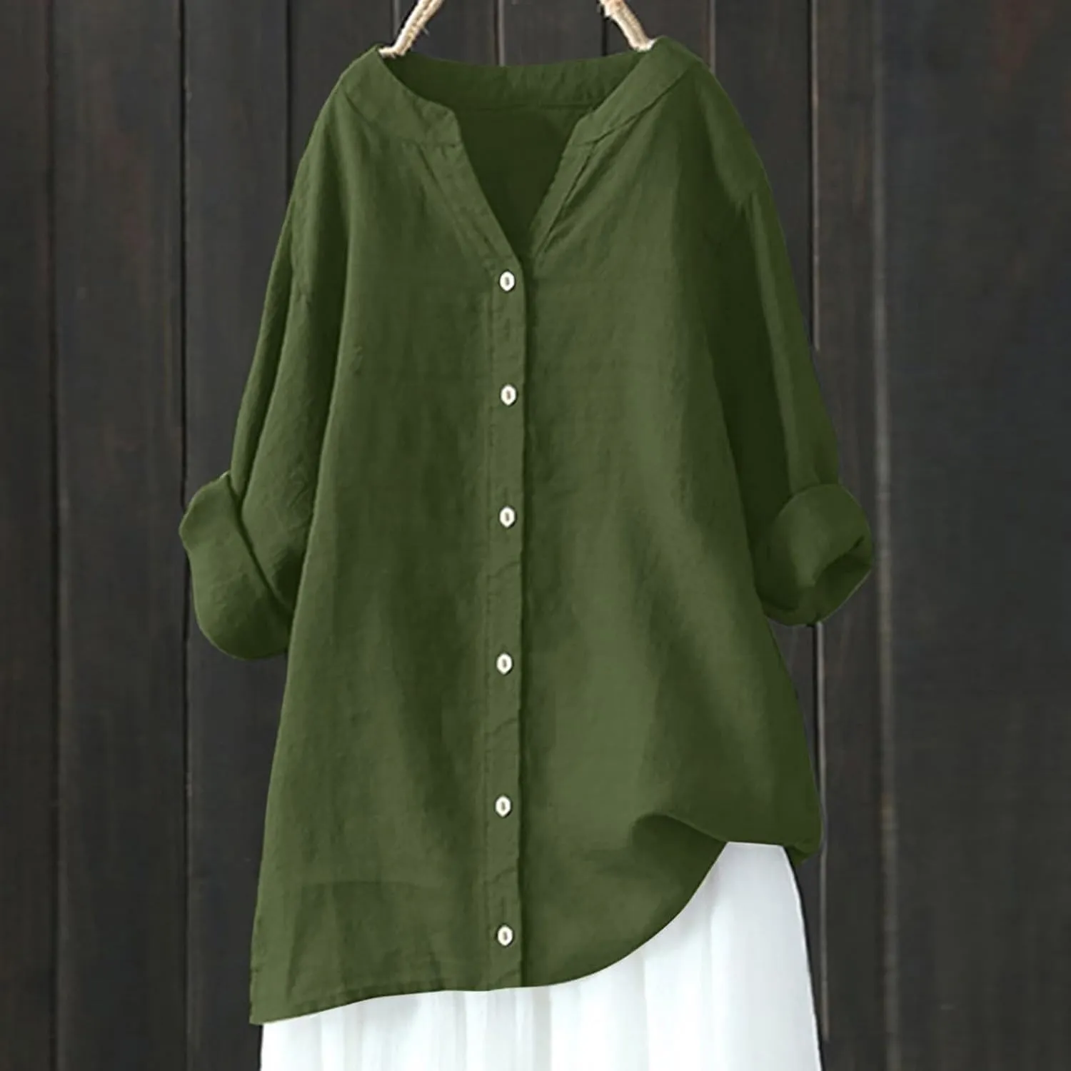 Womens Linen Shirts V Neck Button Up Blouse Embroidery Floral Comfy Tee Shirt Short Sleeve Loose Fit Shirts
