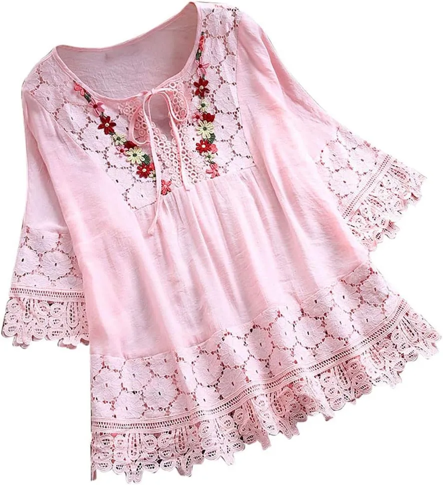 Womens Linen Shirts V Neck Button Up Blouse Embroidery Floral Comfy Tee Shirt Short Sleeve Loose Fit Shirts