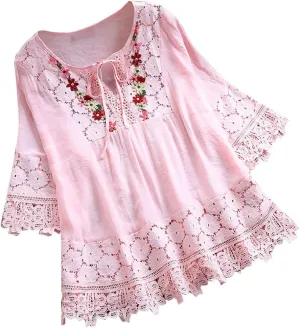 Womens Linen Shirts V Neck Button Up Blouse Embroidery Floral Comfy Tee Shirt Short Sleeve Loose Fit Shirts