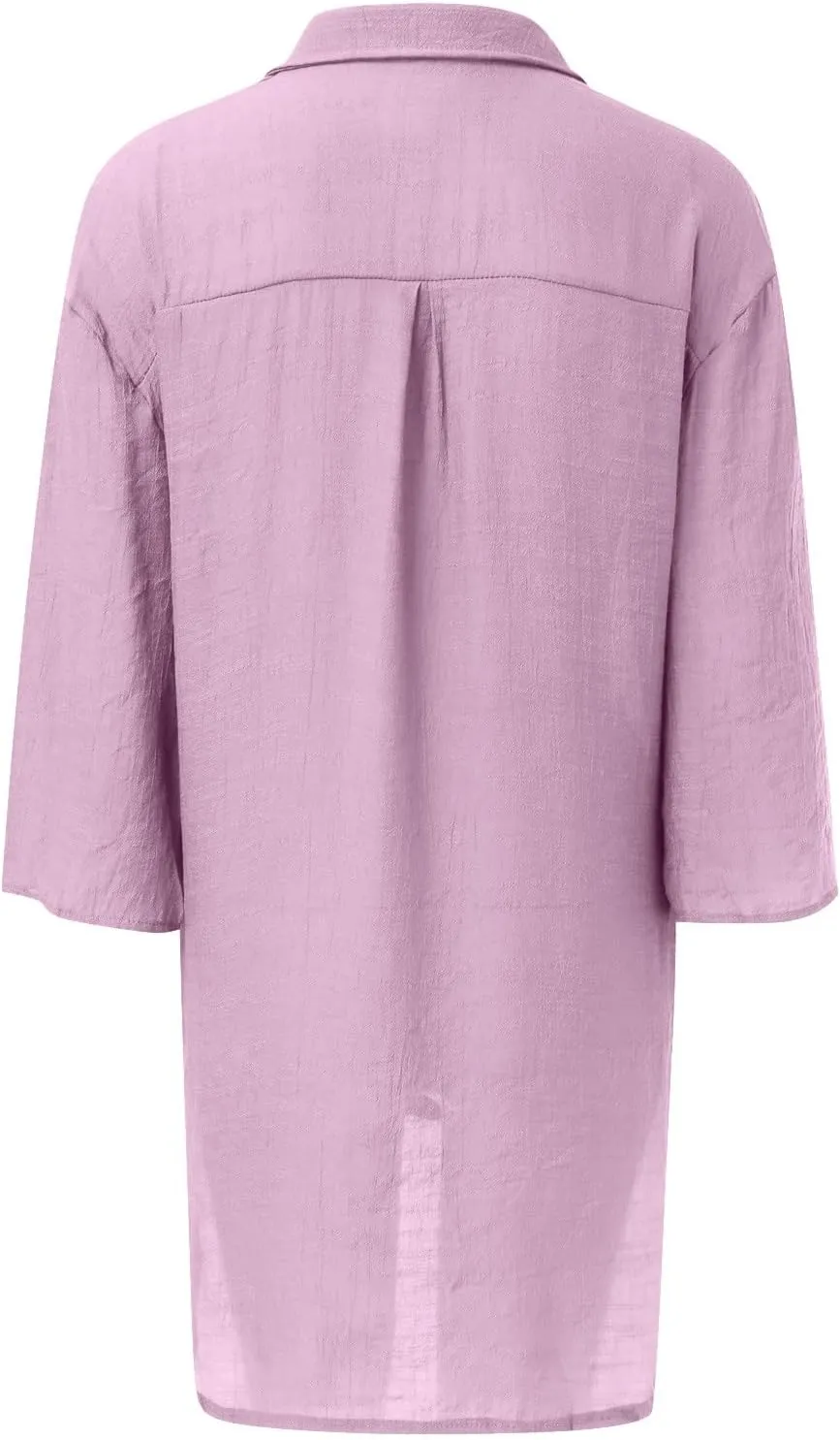 Womens Linen Shirts V Neck Button Up Blouse Embroidery Floral Comfy Tee Shirt Short Sleeve Loose Fit Shirts
