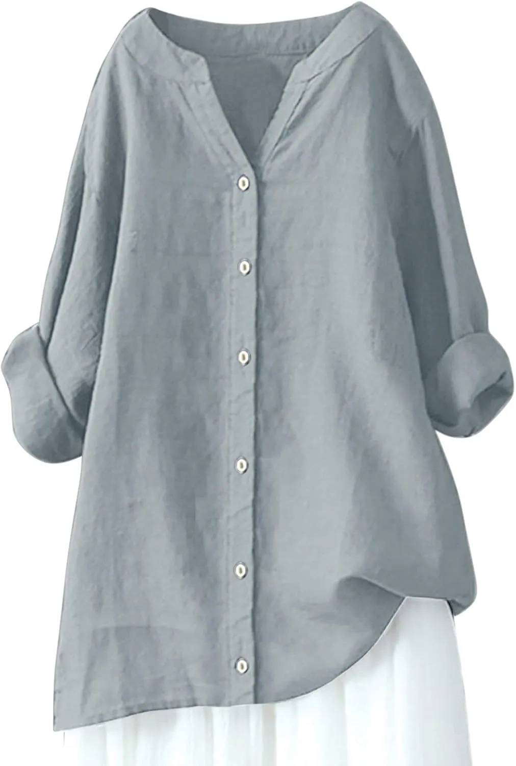 Womens Linen Shirts V Neck Button Up Blouse Embroidery Floral Comfy Tee Shirt Short Sleeve Loose Fit Shirts