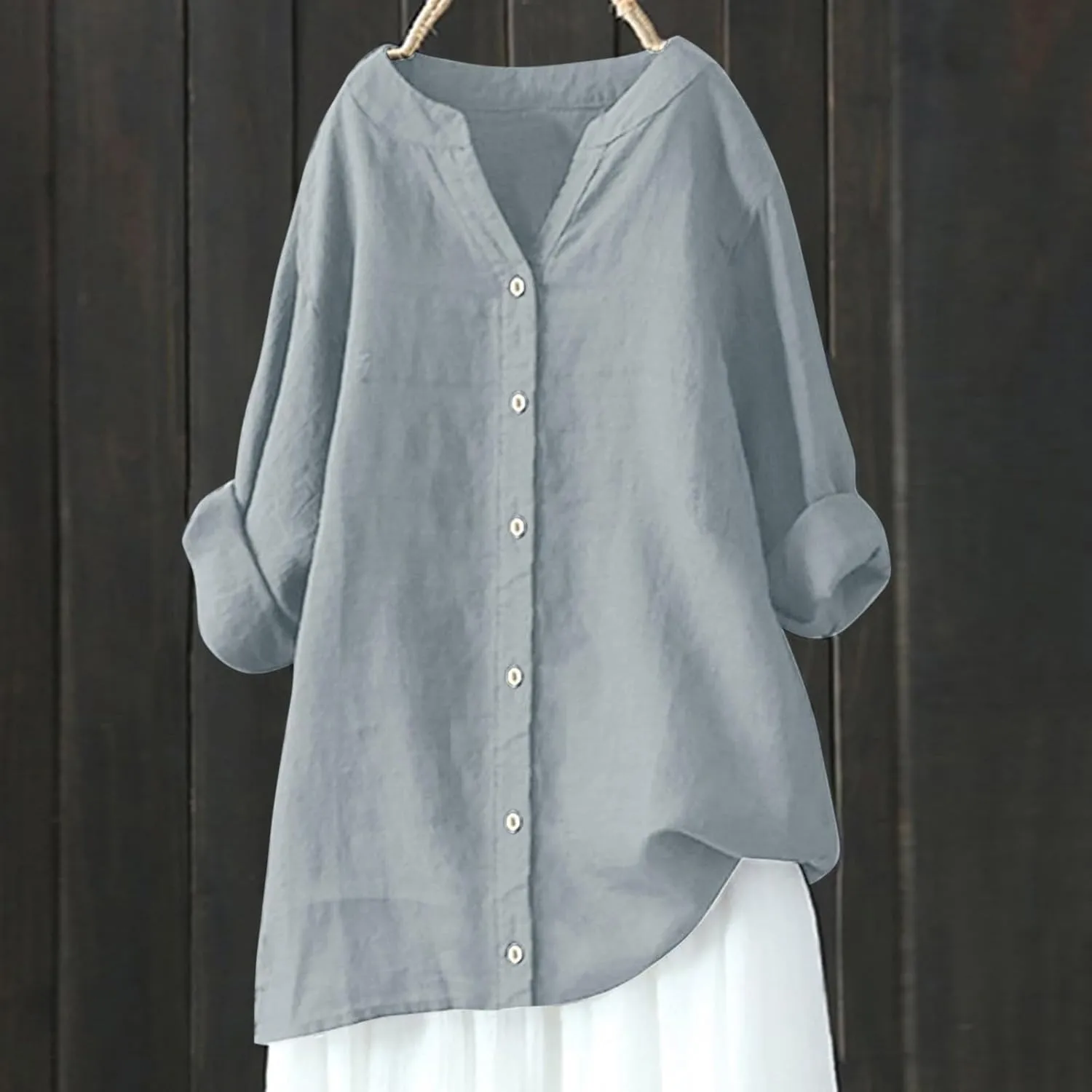 Womens Linen Shirts V Neck Button Up Blouse Embroidery Floral Comfy Tee Shirt Short Sleeve Loose Fit Shirts