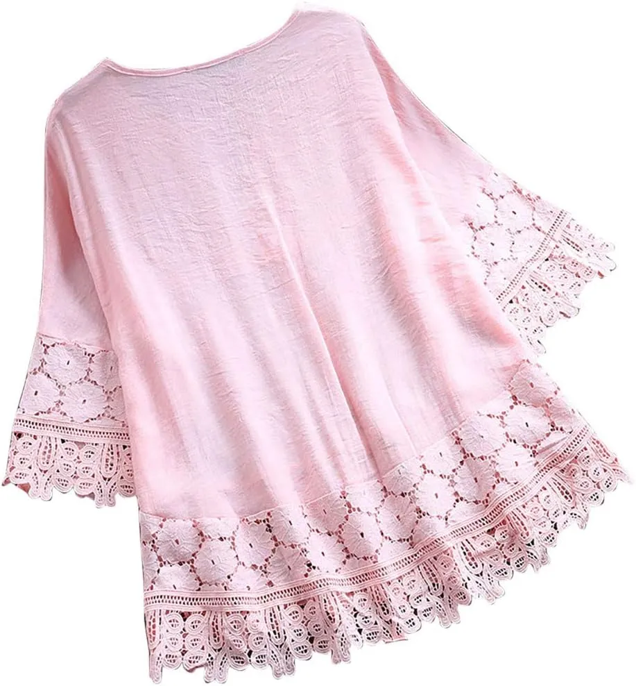 Womens Linen Shirts V Neck Button Up Blouse Embroidery Floral Comfy Tee Shirt Short Sleeve Loose Fit Shirts