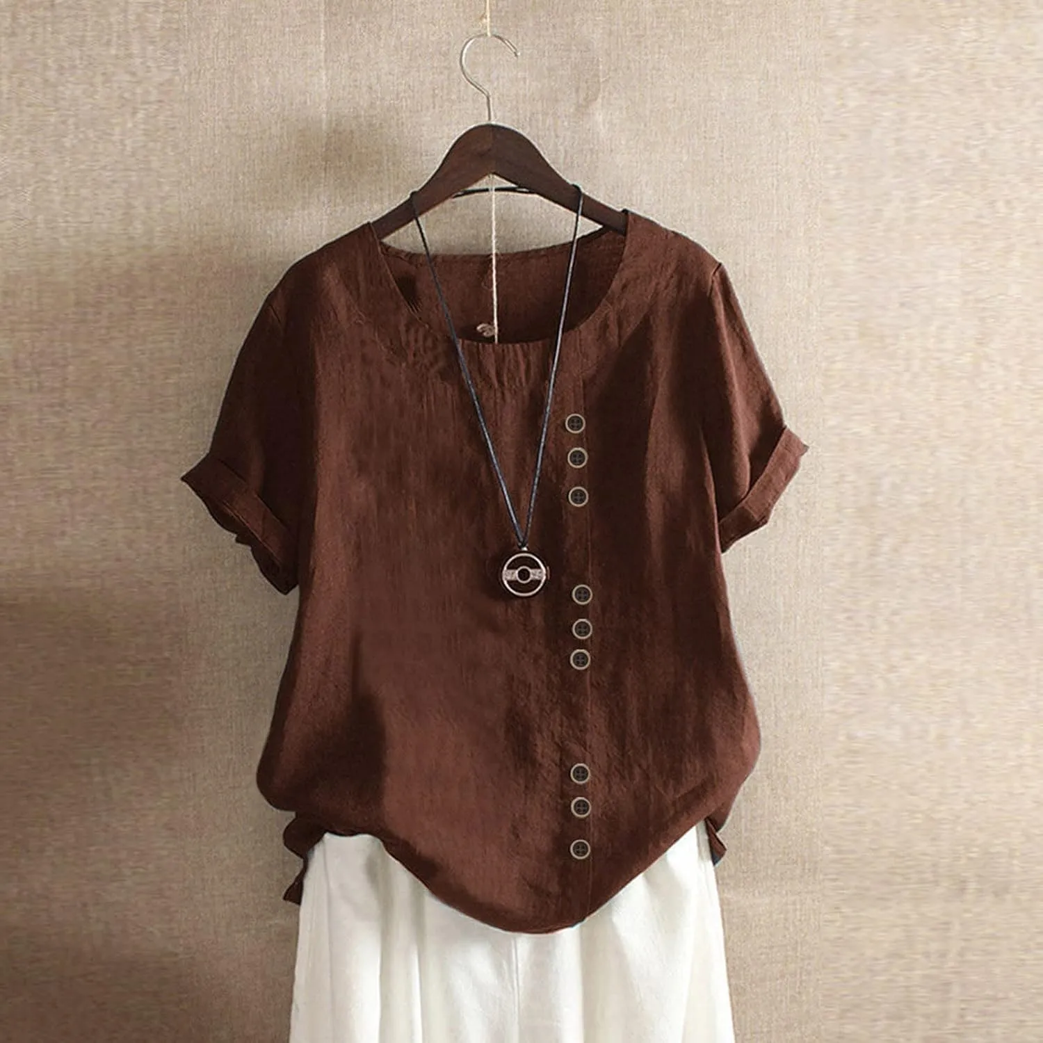 Women's Linen Shirts V-Neck Buttons Blouses Solid Oversized Tops Short Sleeve Loose T-Shirts