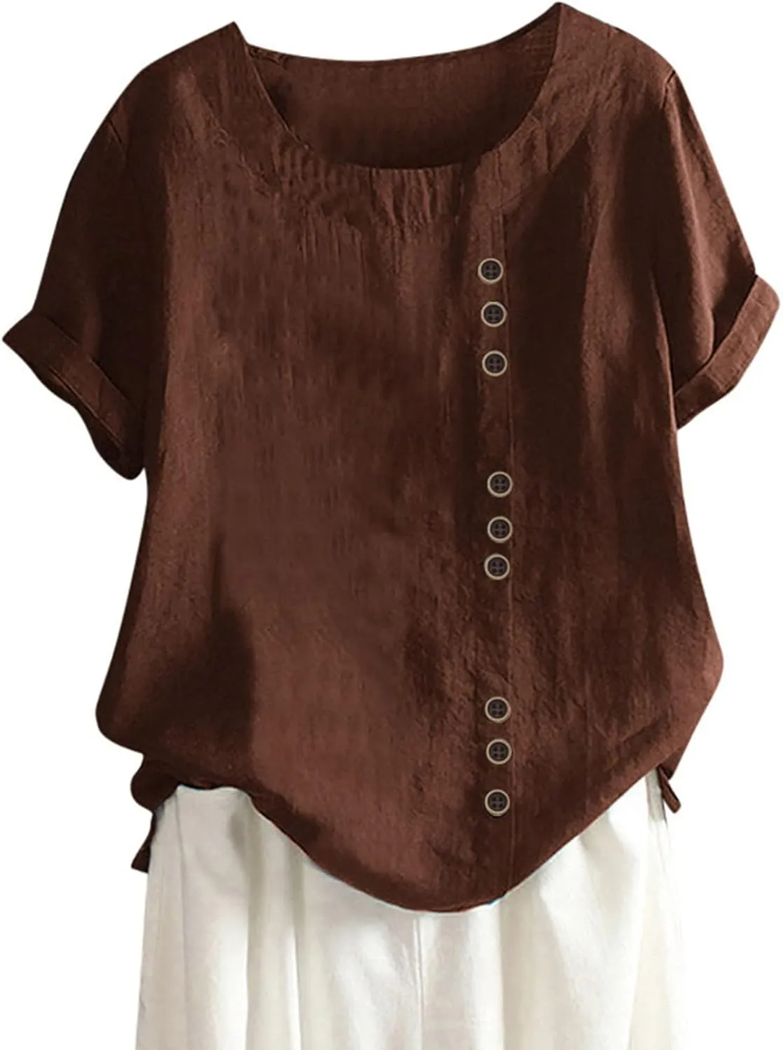 Women's Linen Shirts V-Neck Buttons Blouses Solid Oversized Tops Short Sleeve Loose T-Shirts