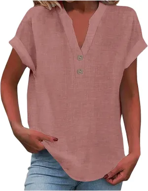 Women's Linen Shirts V-Neck Buttons Blouses Solid Oversized Tops Short Sleeve Loose T-Shirts